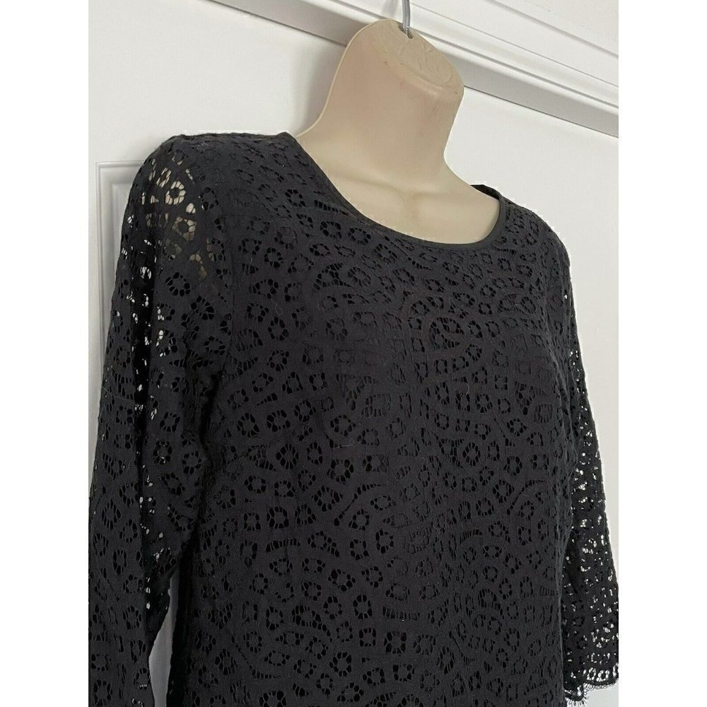 J. Crew Factory Women's Size 6 Black Scalloped Lace 3/4 Sleeve Blouse - Picture 3 of 8